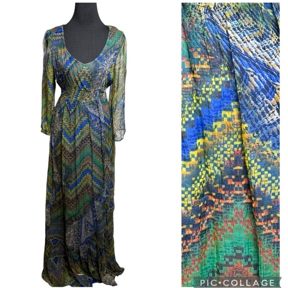 Y2K Lucky Brand Women's Maxi Dress SZ L Boho Fully Lined Smocked Sheer hippie - Picture 1 of 14